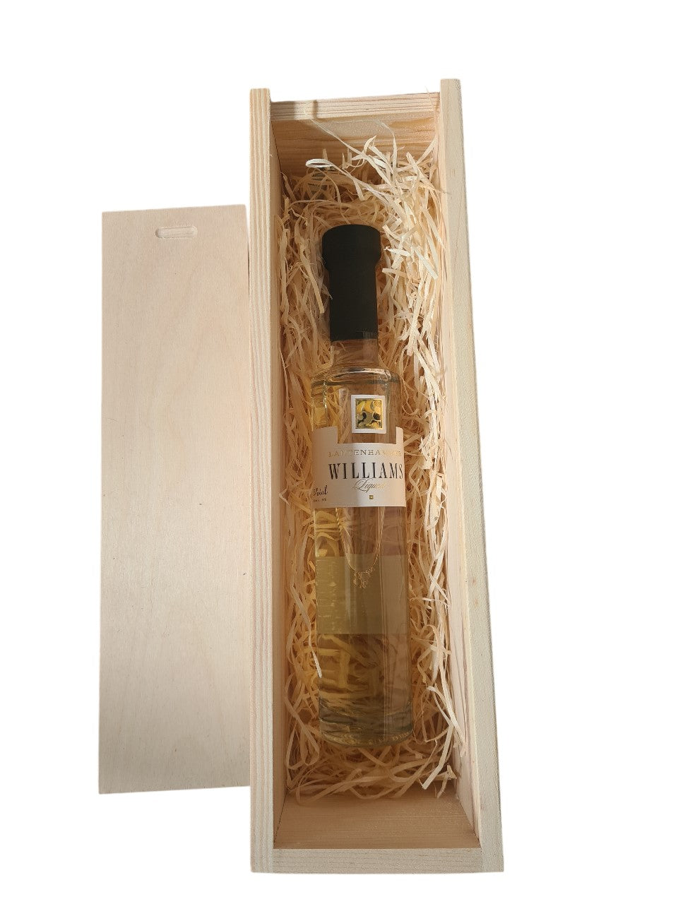 Holzbox mit Tragekordel und Schiebedeckel dazu Williams Liqueur