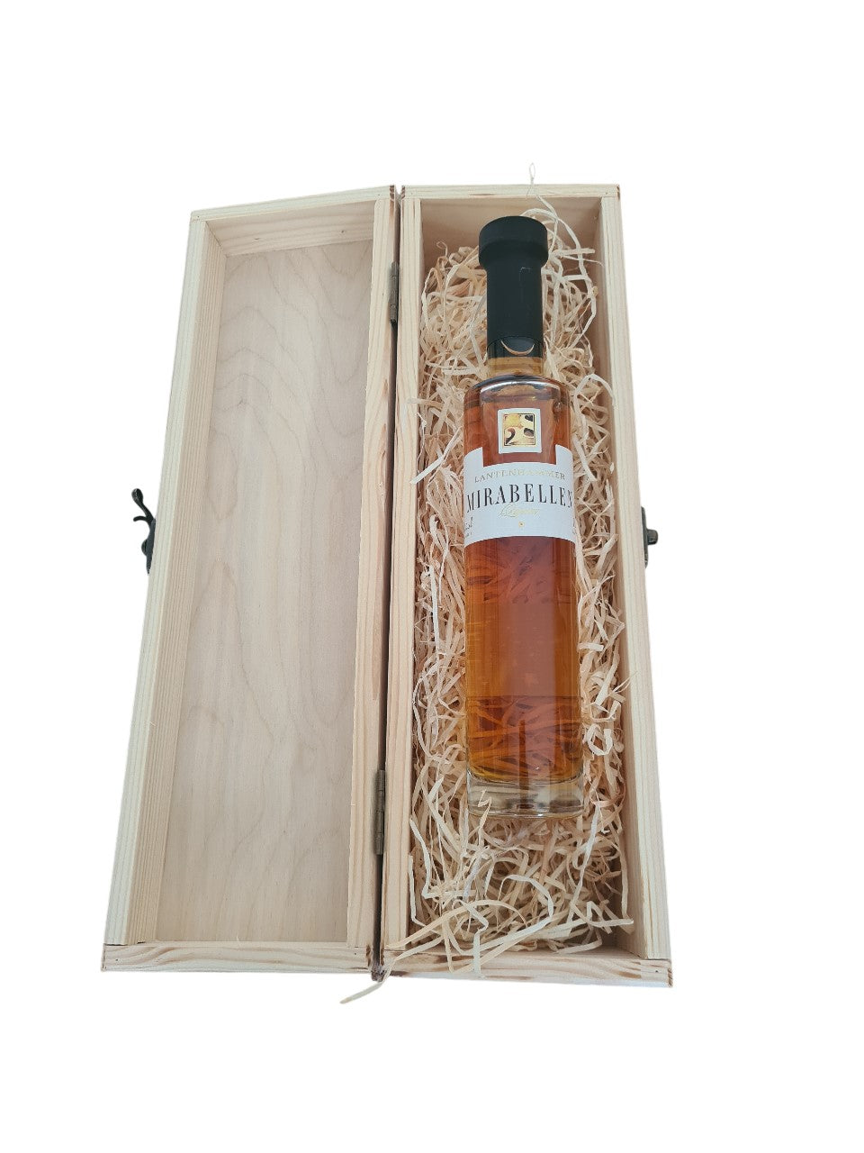 Holzbox mit Klappdeckel und Mirabellen Liqueur