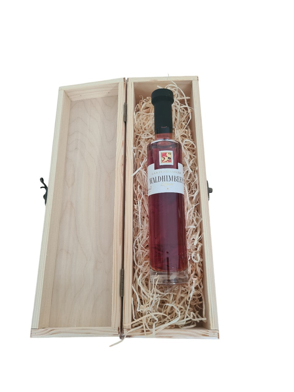 Holzbox mit Klappdeckel und Waldhimbeer Liqueur