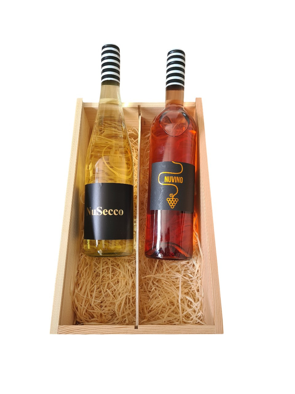Holzbox mit Tragekordel und 1 x alkoholfreier Wein 1x alkoholfreier Secco