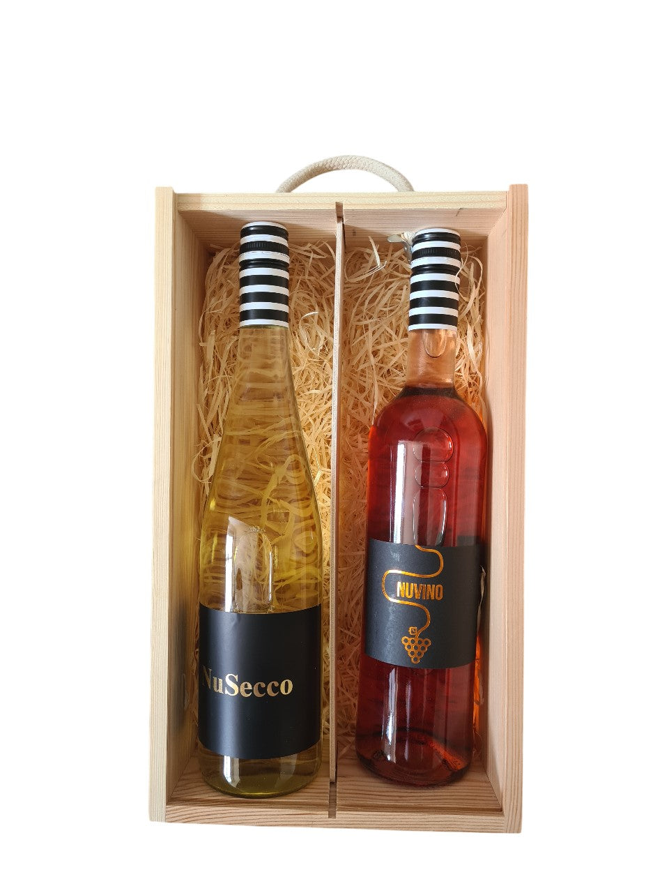 Holzbox mit Tragekordel und 1 x alkoholfreier Wein 1x alkoholfreier Secco