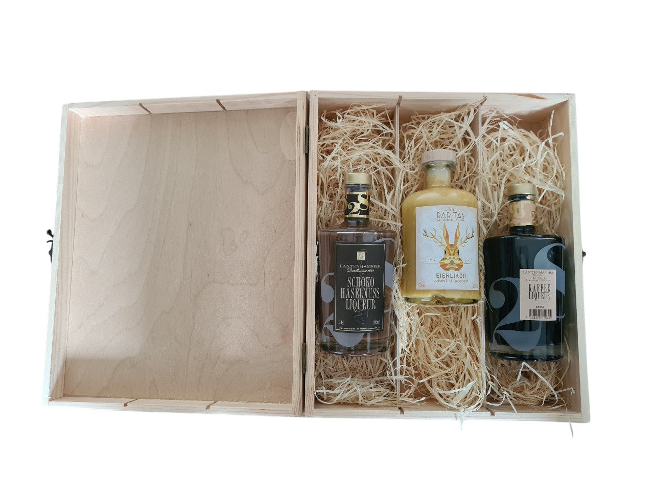 Holzbox mit Verschluss dazu Eierlikör Schokolikör und Kaffeelikör