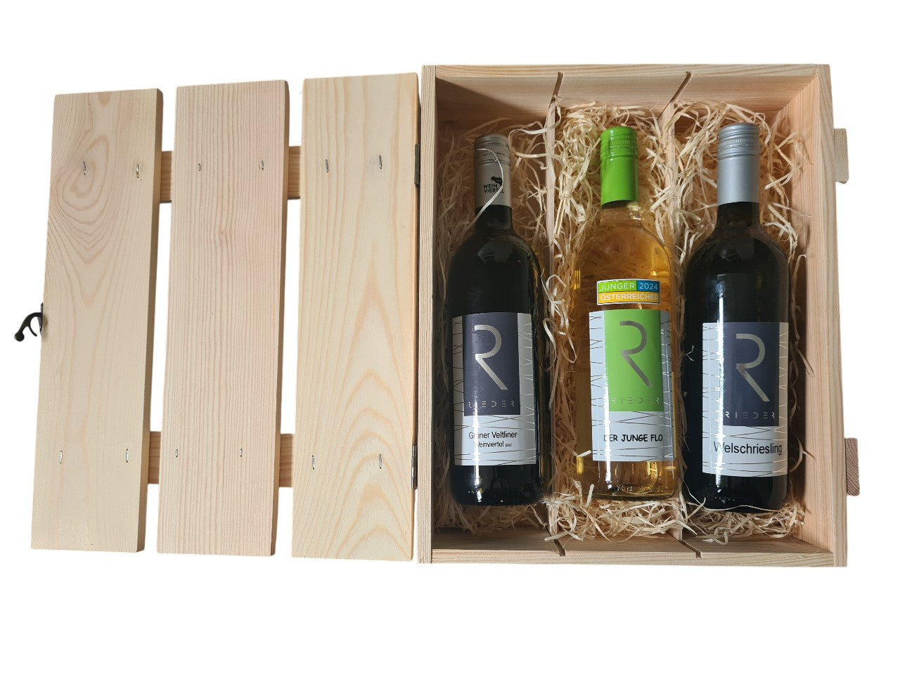 Holzlattenbox mit Verschluss dazu Der junge Flo, Welschriesling und Grüner Veltiner
