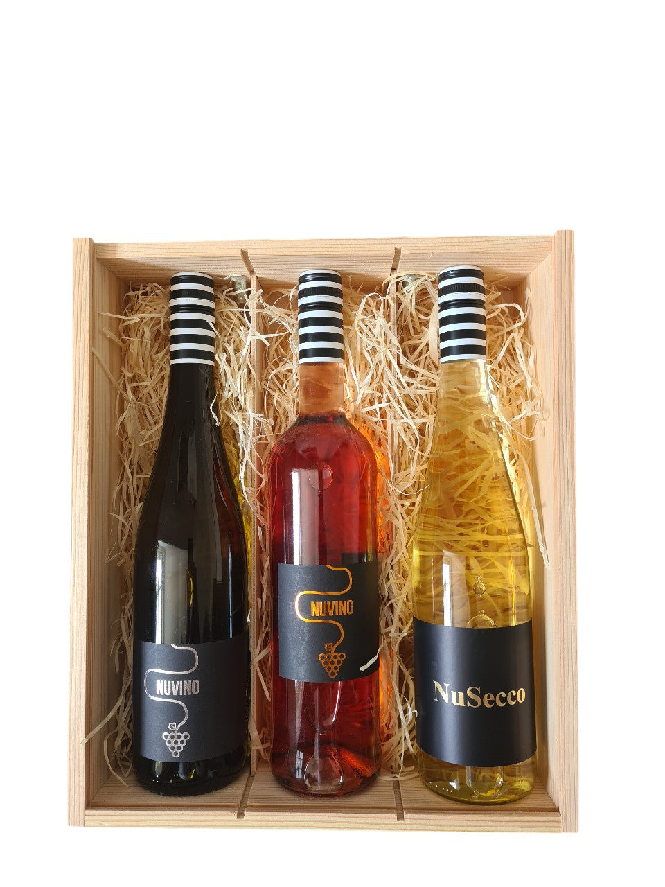 Holzbox mit Tragekordel und 2 x alkoholfreier Wein 1x alkoholfreier Secco