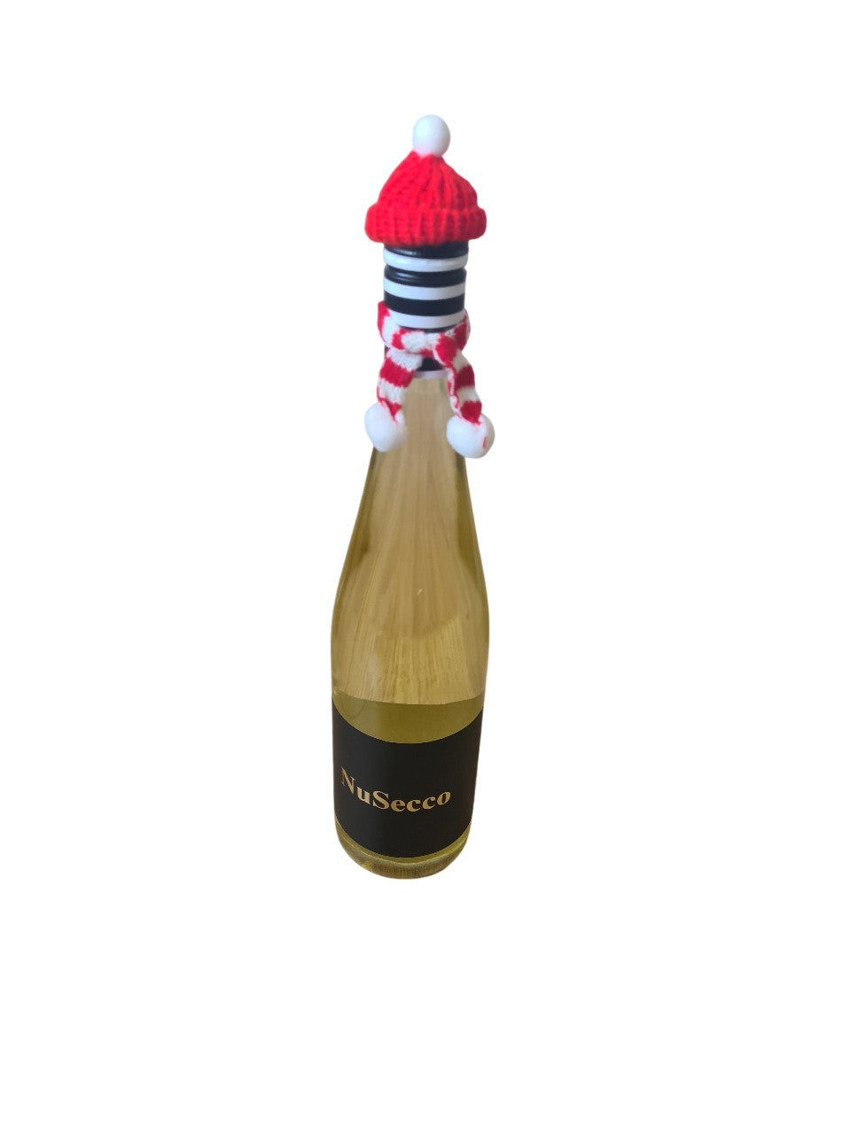 NuSecco alkoholfrei mit Weihnachtsmütze und Schal rot/weiß