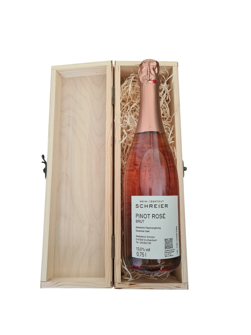 Holzbox mit Klappdeckel und 1 Fl. Pinot Rosé brut