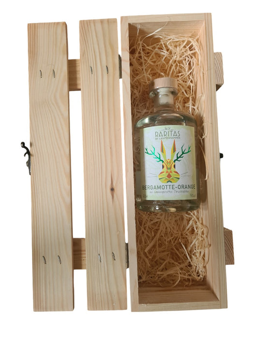 Holzlattenbox mit Verschluss dazu RARITAS Bergamotte-Orangenlikör