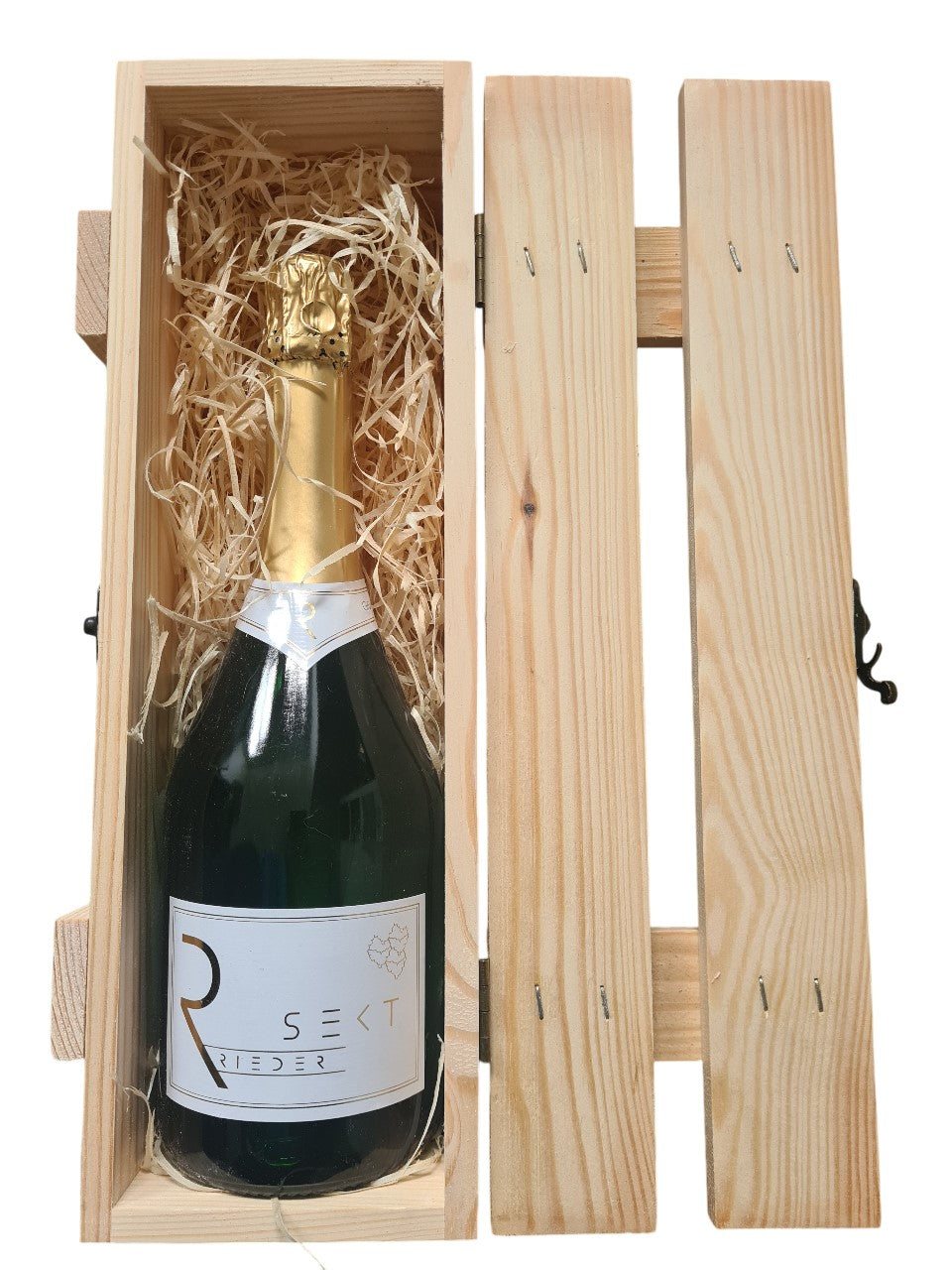 Holzlattenbox mit Verschluss dazu Grüner Veltliner Sekt 0,75 Liter BRUT