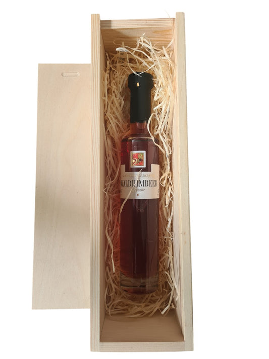 Holzbox mit Tragekordel und Schiebedeckel dazu Waldhimbeer Liqueur