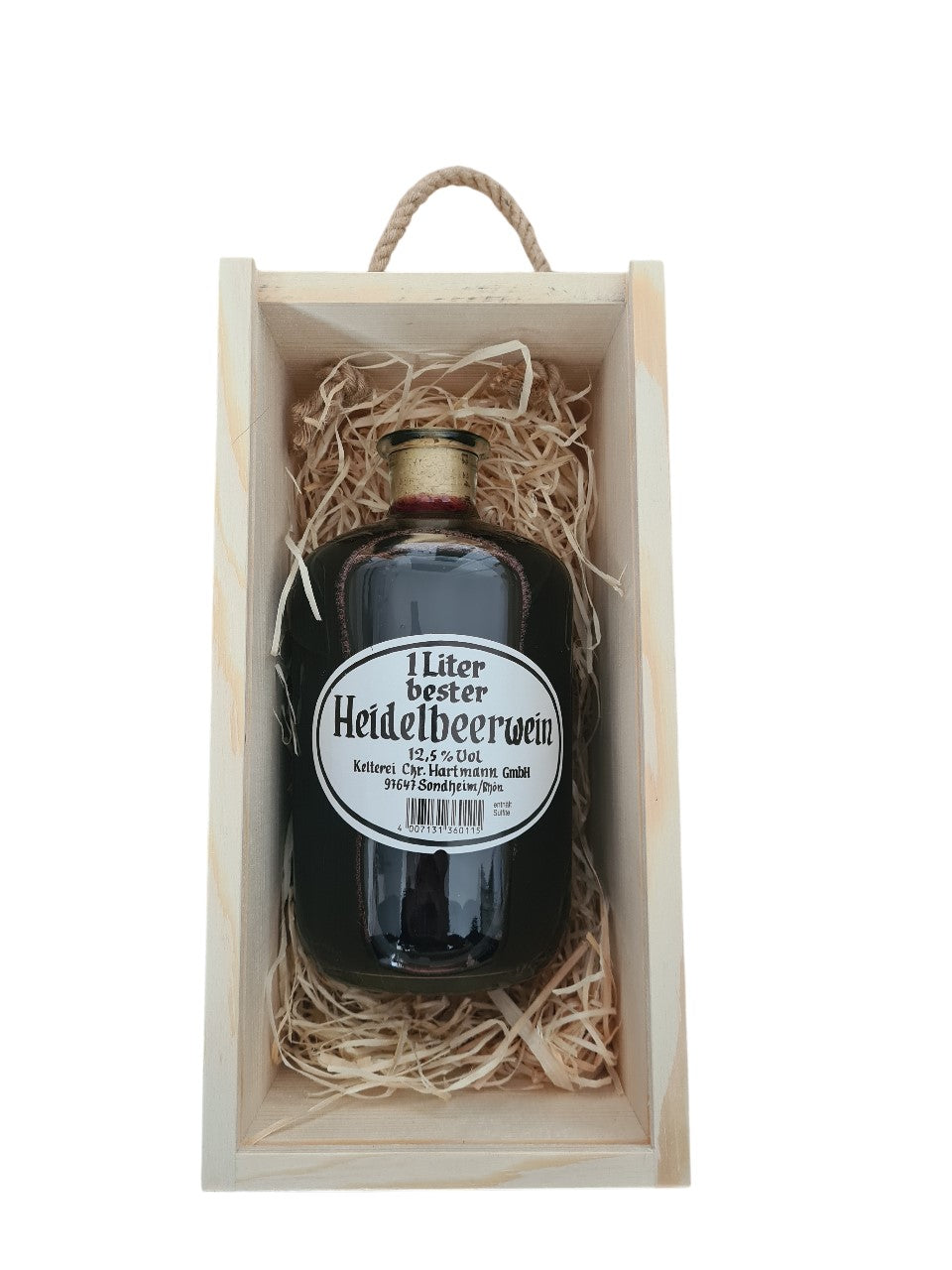Apothekerflasche Fruchtwein Heidelbeer mit Holzbox und Tragekordel