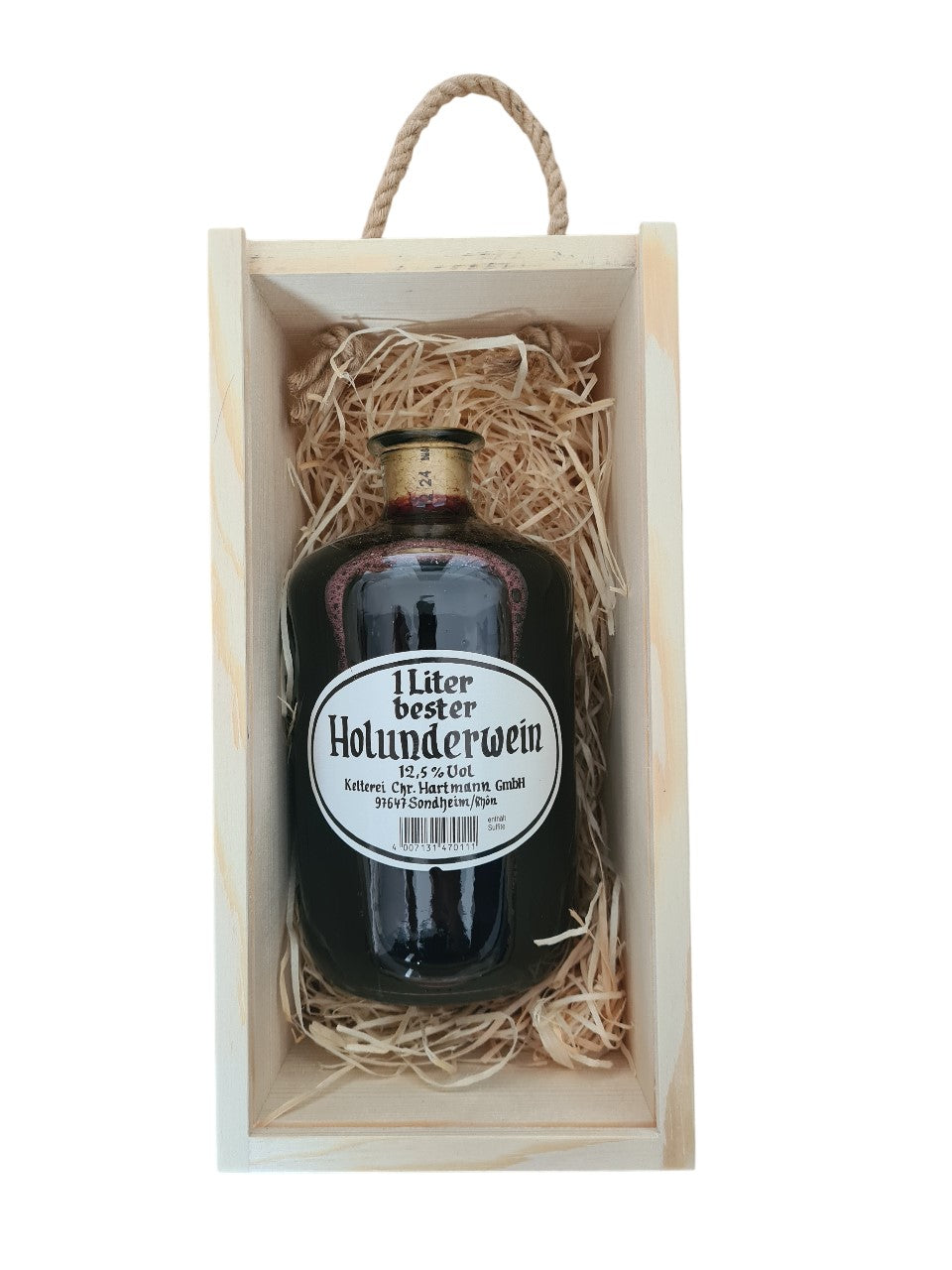 Apothekerflasche Fruchtwein Holunder mit Holzbox und Tragekordel