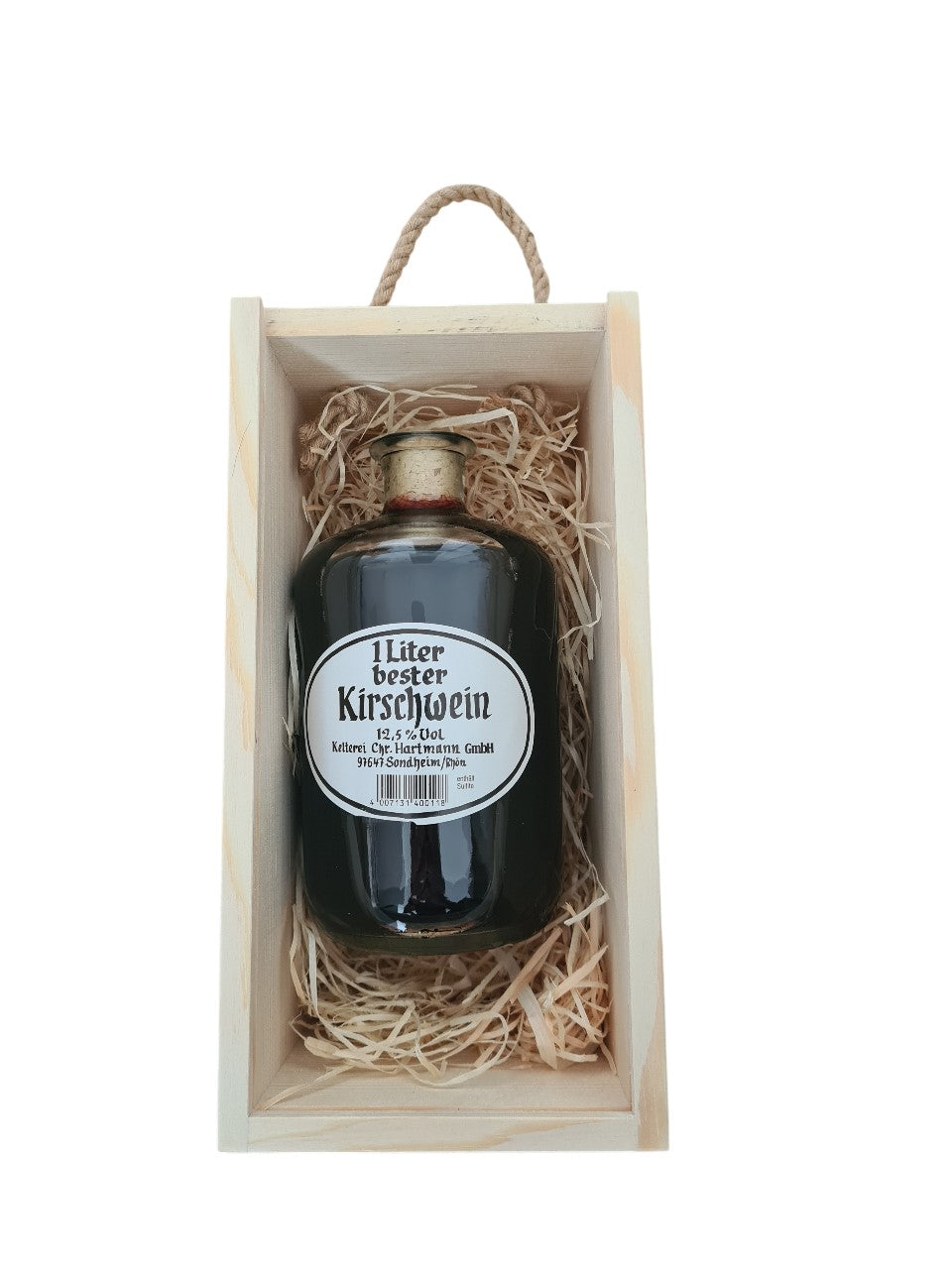 Apothekerflasche Fruchtwein Kirsch mit Holzbox und Tragekordel