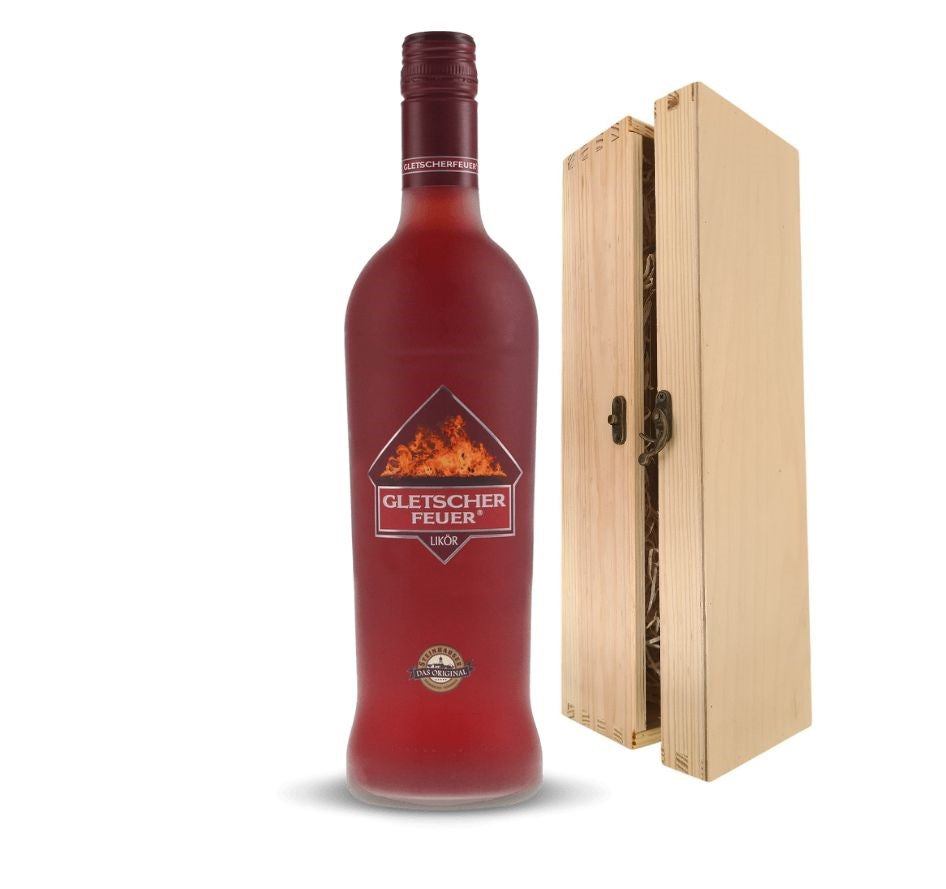 Gletscherfeuer Schoko - Chili Likör in einer Holzbox mit Verschluss