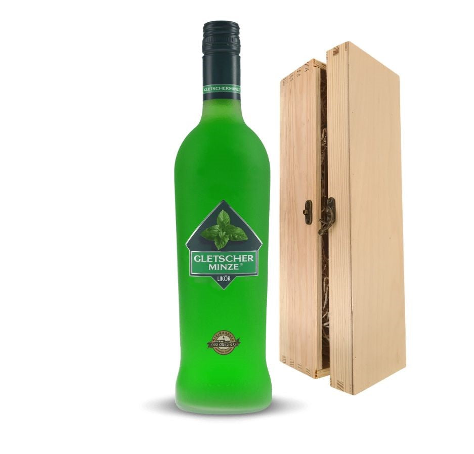 Gletscherminze Minz Likör in einer Holzbox mit Verschluss