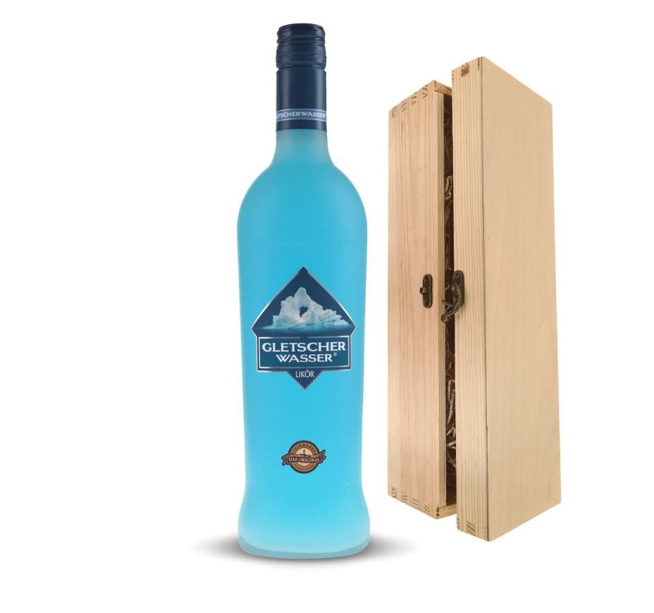 Gletscherwasser Likör in einer Holzbox mit Verschluss