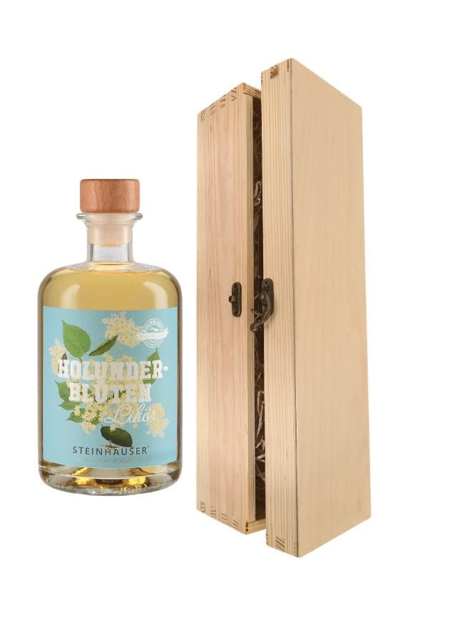 Holunderblüten Likör in der Apothekerflasche incl. Holzbox mit Verschluss