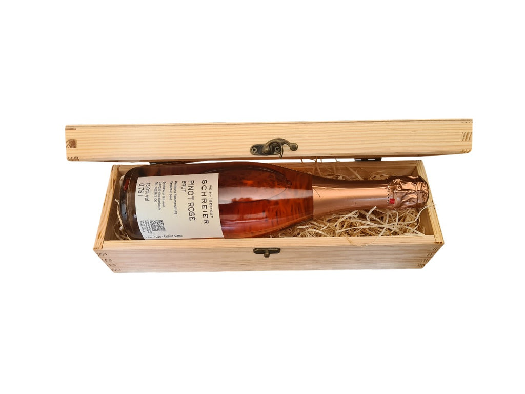 Holzbox mit Klappdeckel und 1 Fl. Pinot Rosé brut