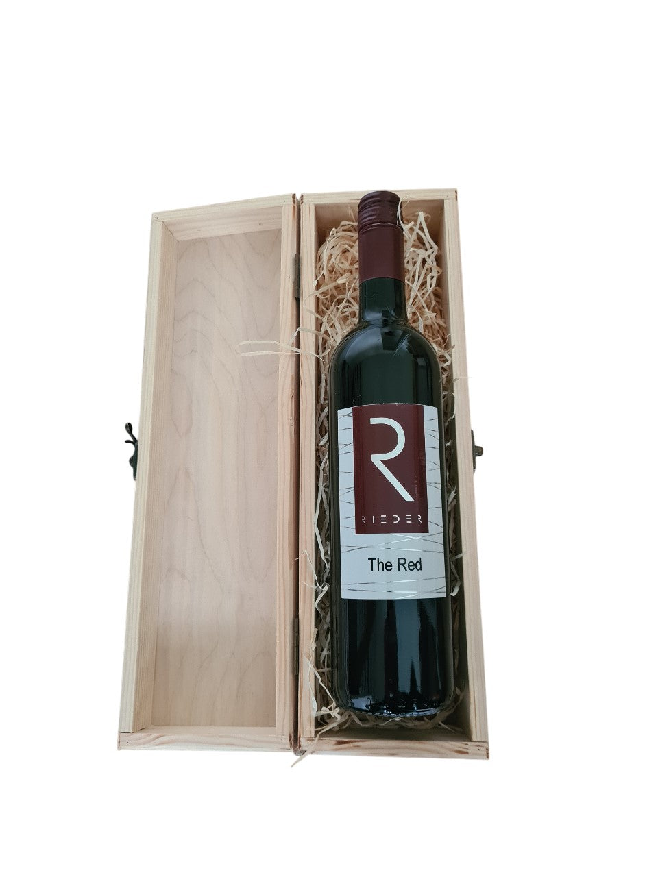 Holzbox mit Klappdeckel und einer Flasche Wein The Red Merlot 2022