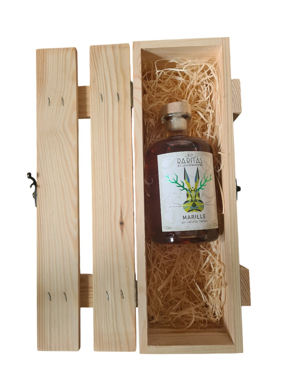 Holzlattenbox mit Verschluss dazu RARITAS Marillenlikör