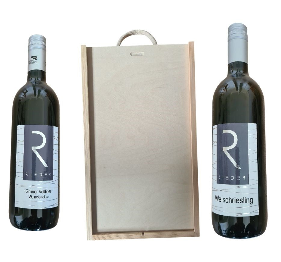 Holzbox mit Tragekordel und Schiebedeckel dazu  Grüner Veltiner und Welschriesling