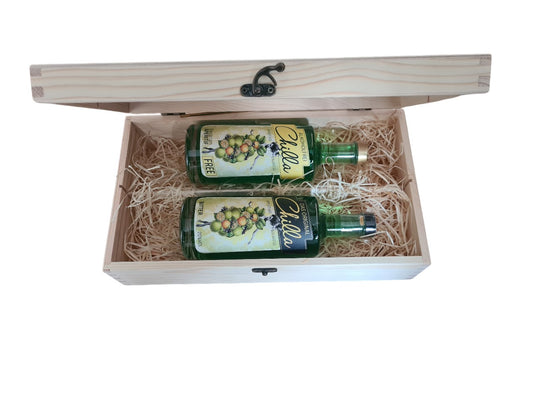 Holzbox mit Klappdeckel mit CHILLA alkoholfrei und CHILLA BITTER