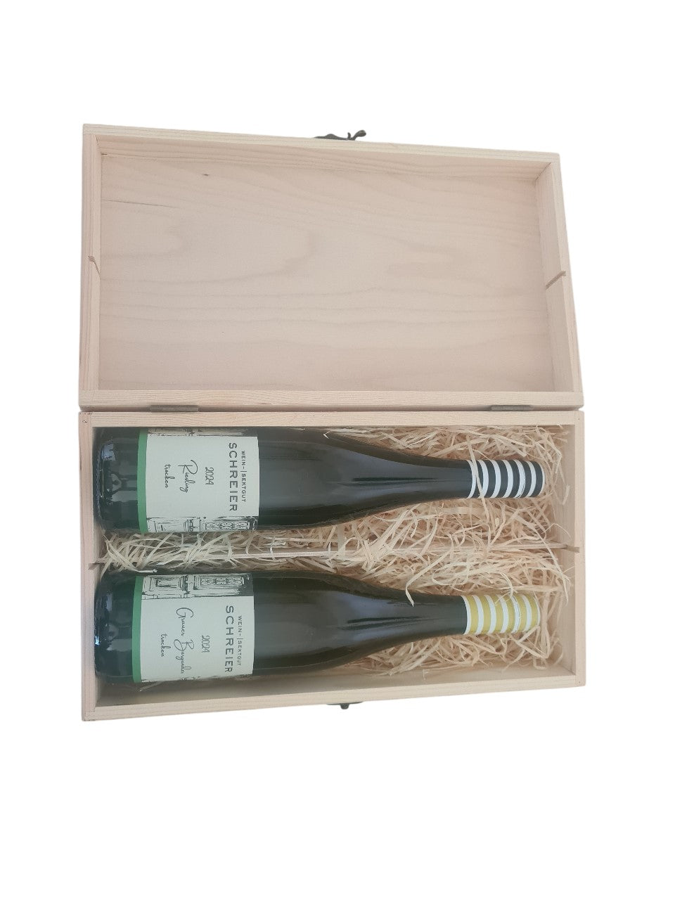 Holzbox mit Klappdeckel incl. Riesling 2024 und Grauer Burgunder 2024