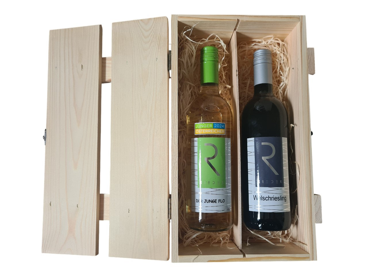 Holzlattenbox mit Verschluss dazu Welschriesling und der Junge Flo trocken