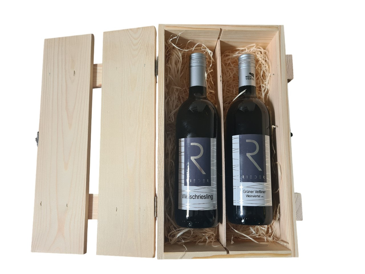 Holzlattenbox mit Verschluss dazu Welschriesling und Grüner Veltiner