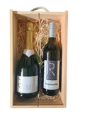 Holzbox mit Tragekordel und Schiebedeckel dazu Welschriesling und BRUT Sekt