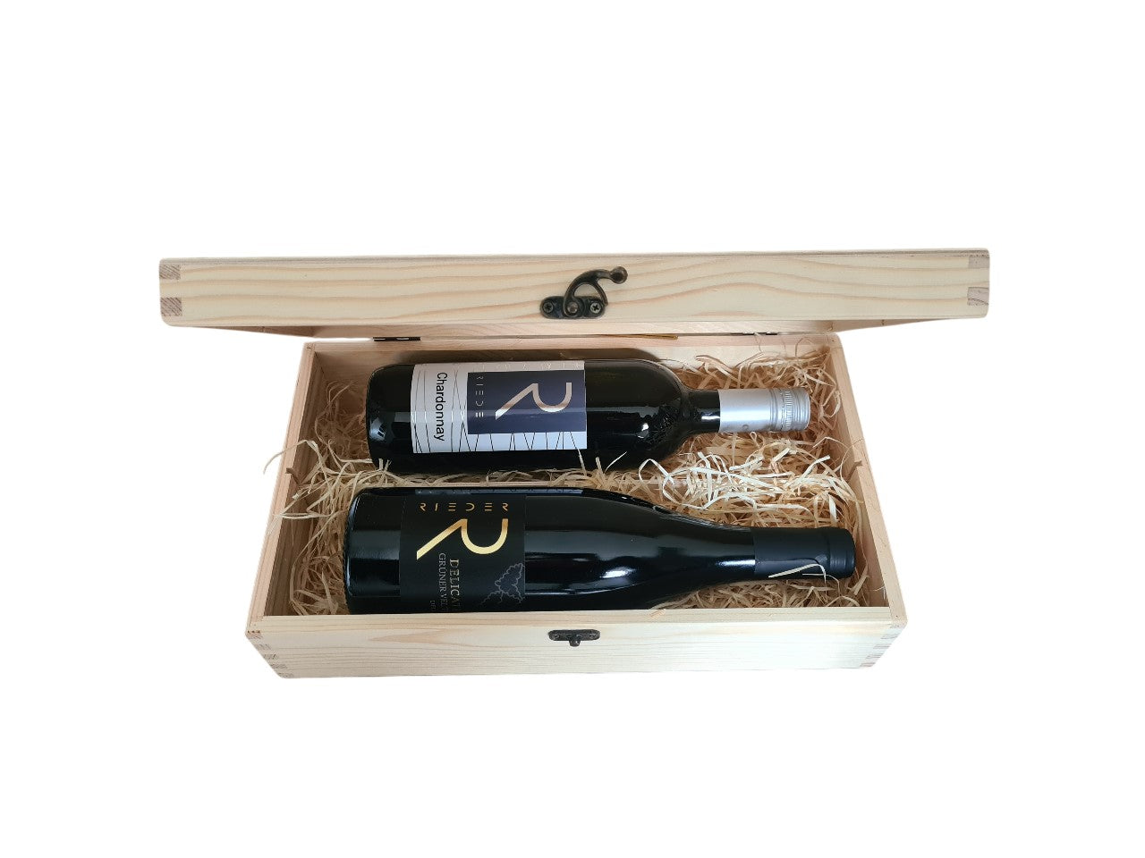 Holzbox mit Verschluss dazu Chardonnay und Grüner Veltliner Delicatius 2017