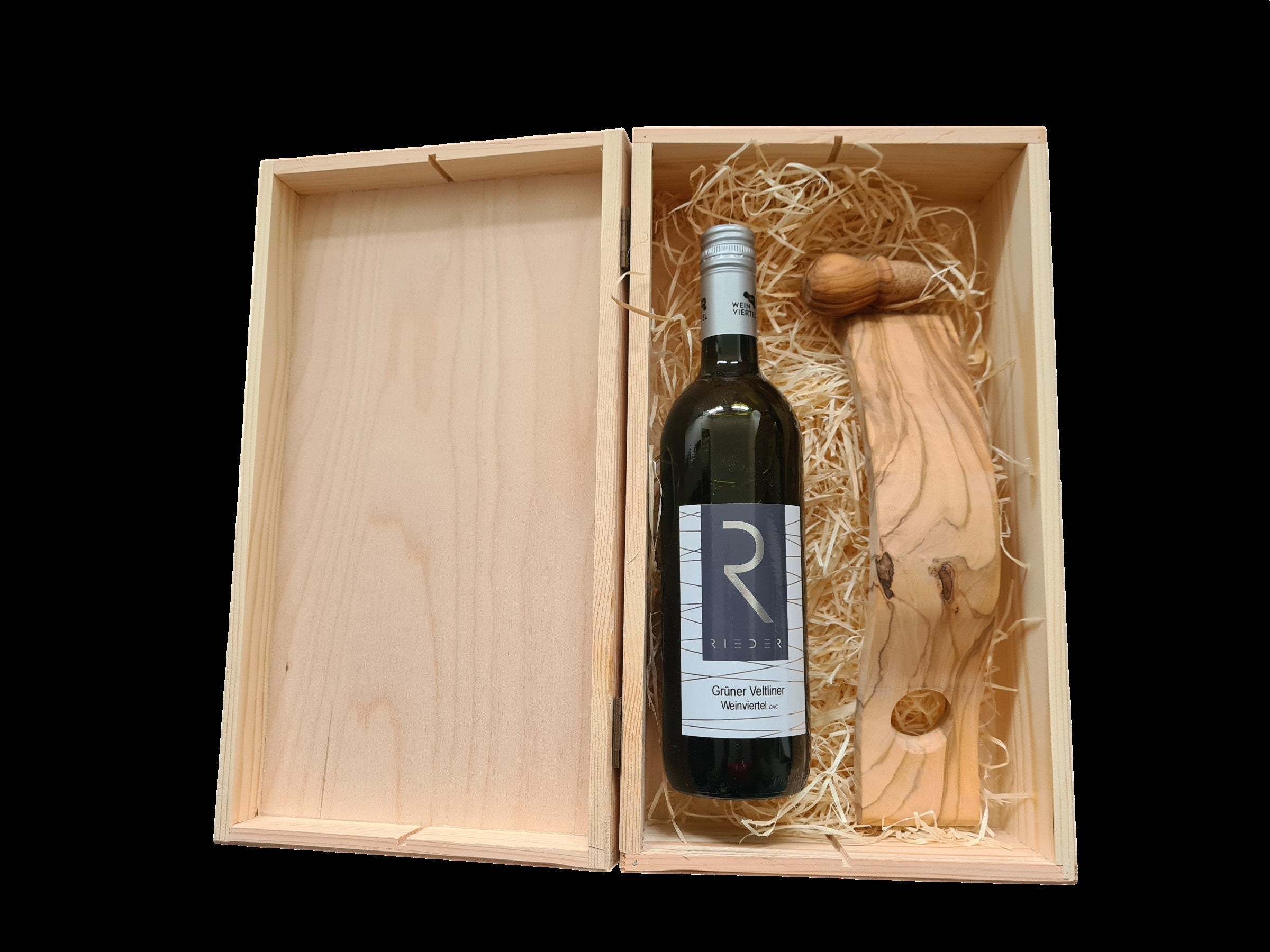 Grüner Veltliner 2024 trocken Qualitäts Wein mit Olivenholzständer Flaschenhalter / Korken und Holzbox