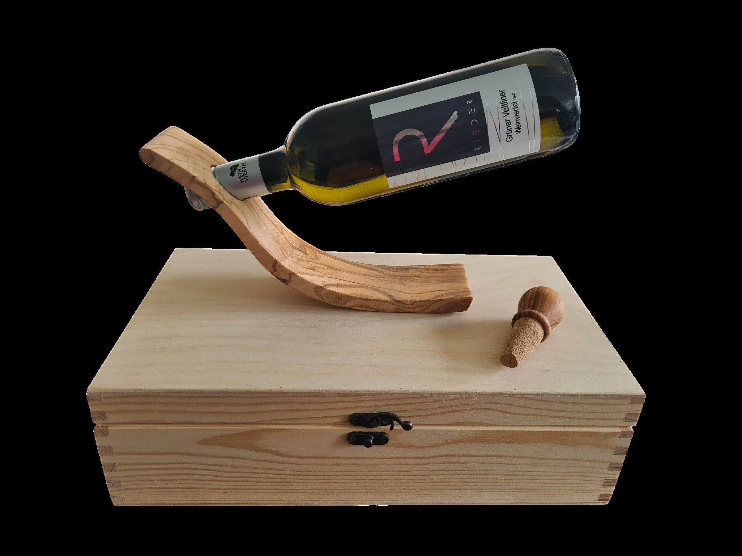 Grüner Veltliner 2024 trocken Qualitäts Wein mit Olivenholzständer Flaschenhalter / Korken und Holzbox
