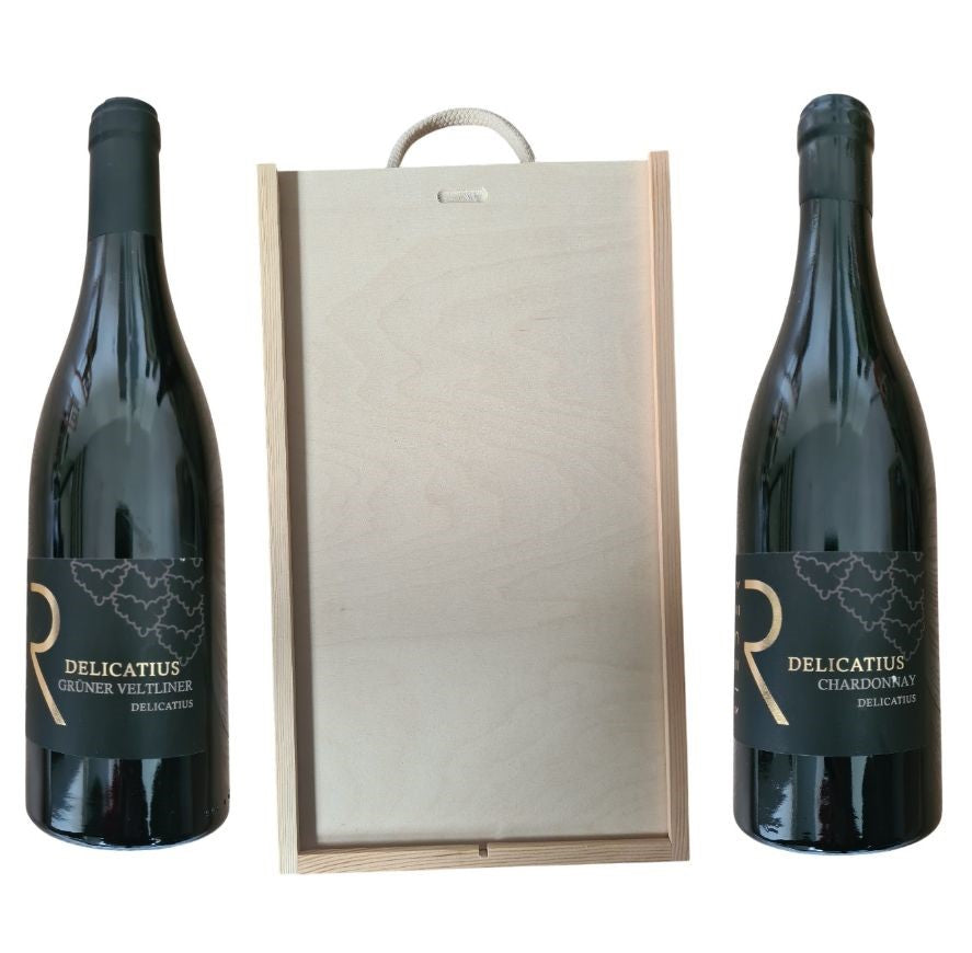 Wein Holzbox Chardonnay Delicatius 2021 / Grüner Veltliner Delicatius 2017