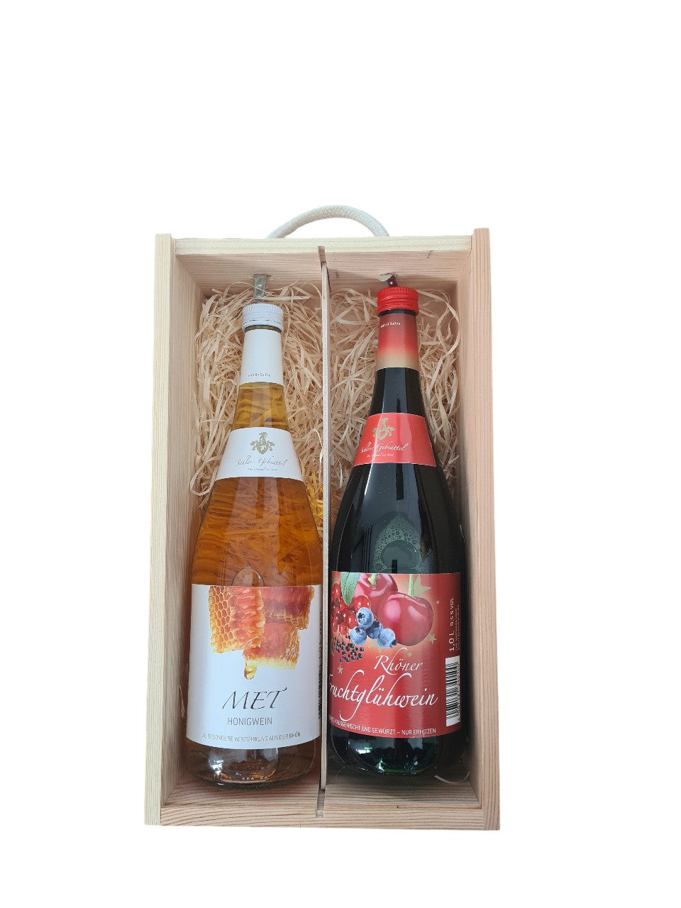 Geschenk Holzbox mit Tragekordel MET Honigwein und Fruchtglühwein je 1 Liter Flasche