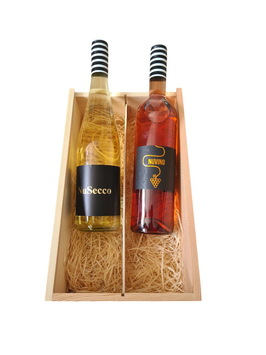 Holzbox mit Tragekordel und 1 x alkoholfreier Wein 1x alkoholfreier Secco