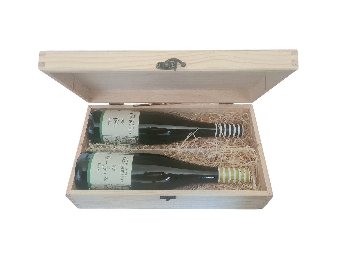 Holzbox mit Klappdeckel incl. Riesling 2024 und Grauer Burgunder 2024