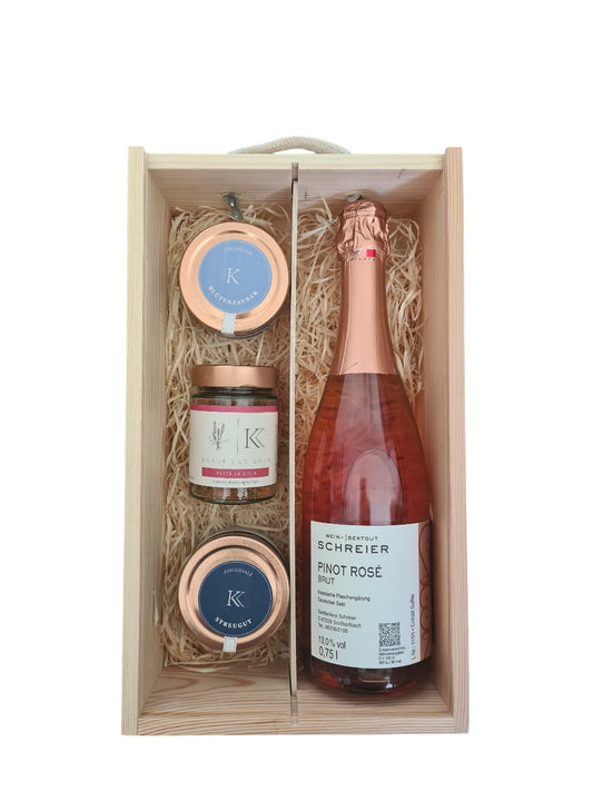 Holzbox mit Tragekordel und 1Fl Pinot Rosé brut, 2x Fingersalz 1x Gewürz