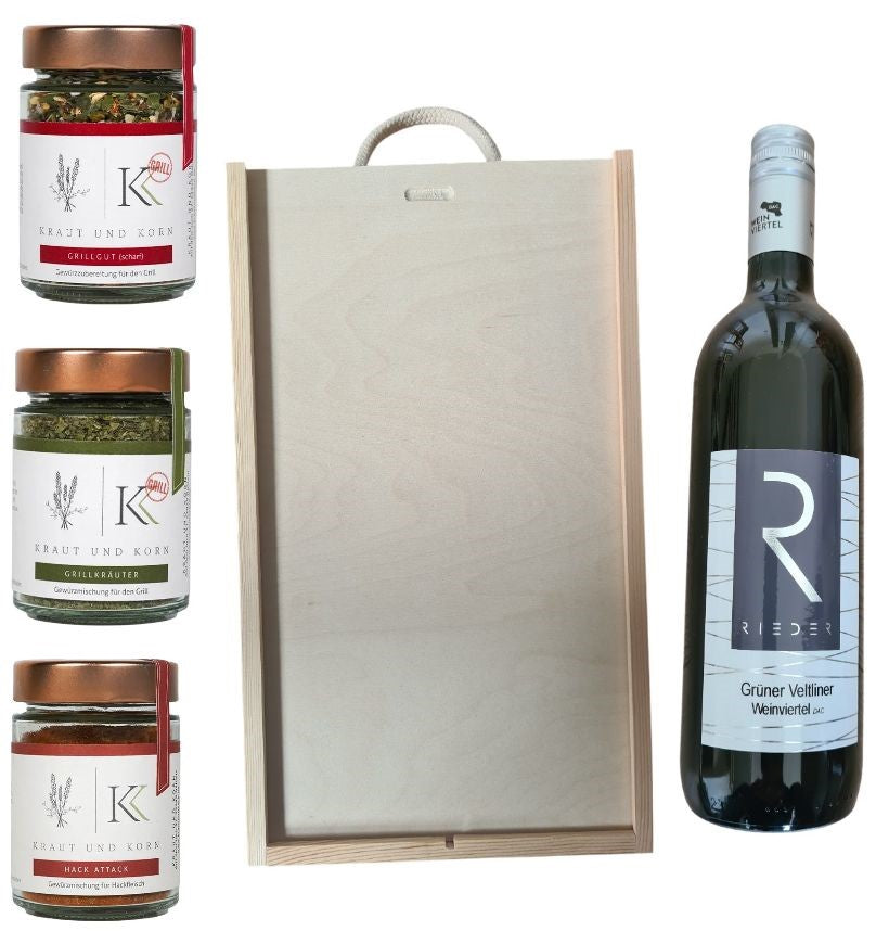 Holzbox mit Grillgut (scharf) Grillkräuter, Hack Attack und Wein grüner Veltliner