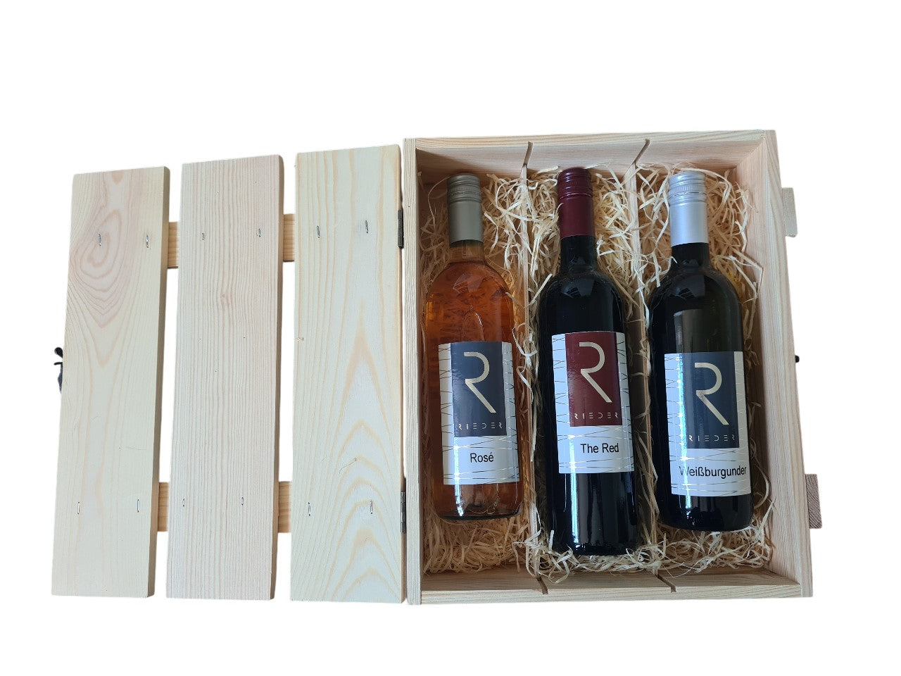 Holzlattenbox mit Verschluss und 3 Weinen 1x Rosé 1x Rotwein und 1x Weißburgunder