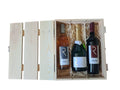Holzlattenbox mit Verschluss und 2 Weinen und 1 Brut Sekt , 1x Rosé 1x Rotwein und 1x BRUT Sekt