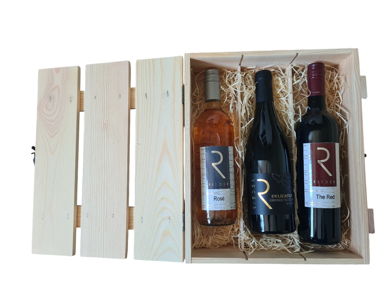 Holzlattenbox mit Verschluss und 3 Weinen , 1x Rosé 1x Rotwein und 1x Delicatius