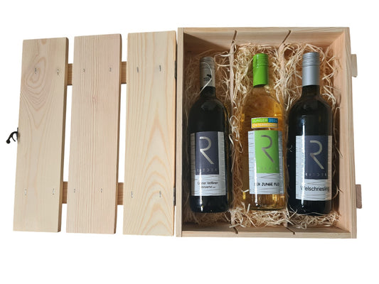 Holzlattenbox mit Verschluss dazu Der junge Flo, Welschriesling und Grüner Veltiner