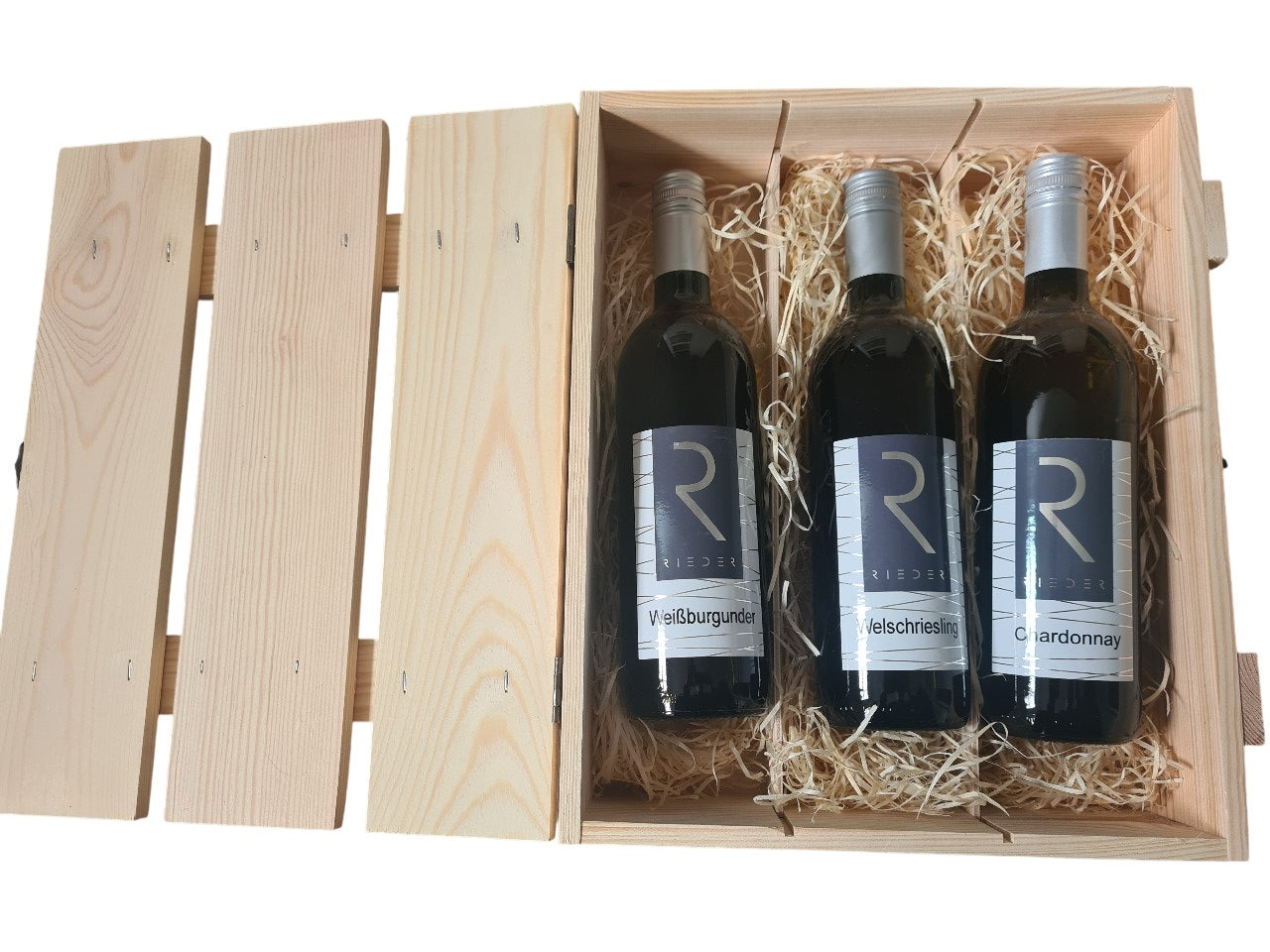 Holzlattenbox mit Verschluss dazu 3 Flaschen Wein Weißburgunder Welschriesling und Chardonnay