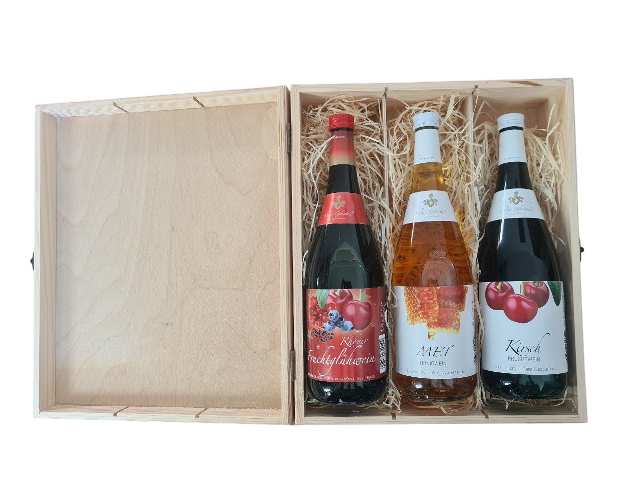 Geschenk Holzbox mit Verschluss MET Honigwein, Kirsch und Fruchtglühwein