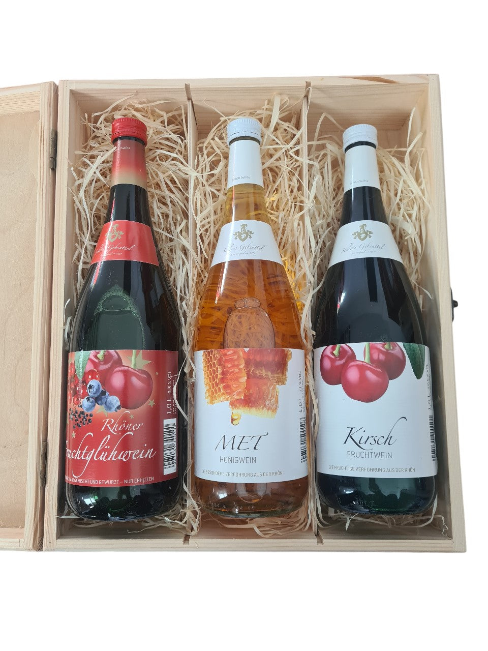 Geschenk Holzbox mit Verschluss MET Honigwein, Kirsch und Fruchtglühwein