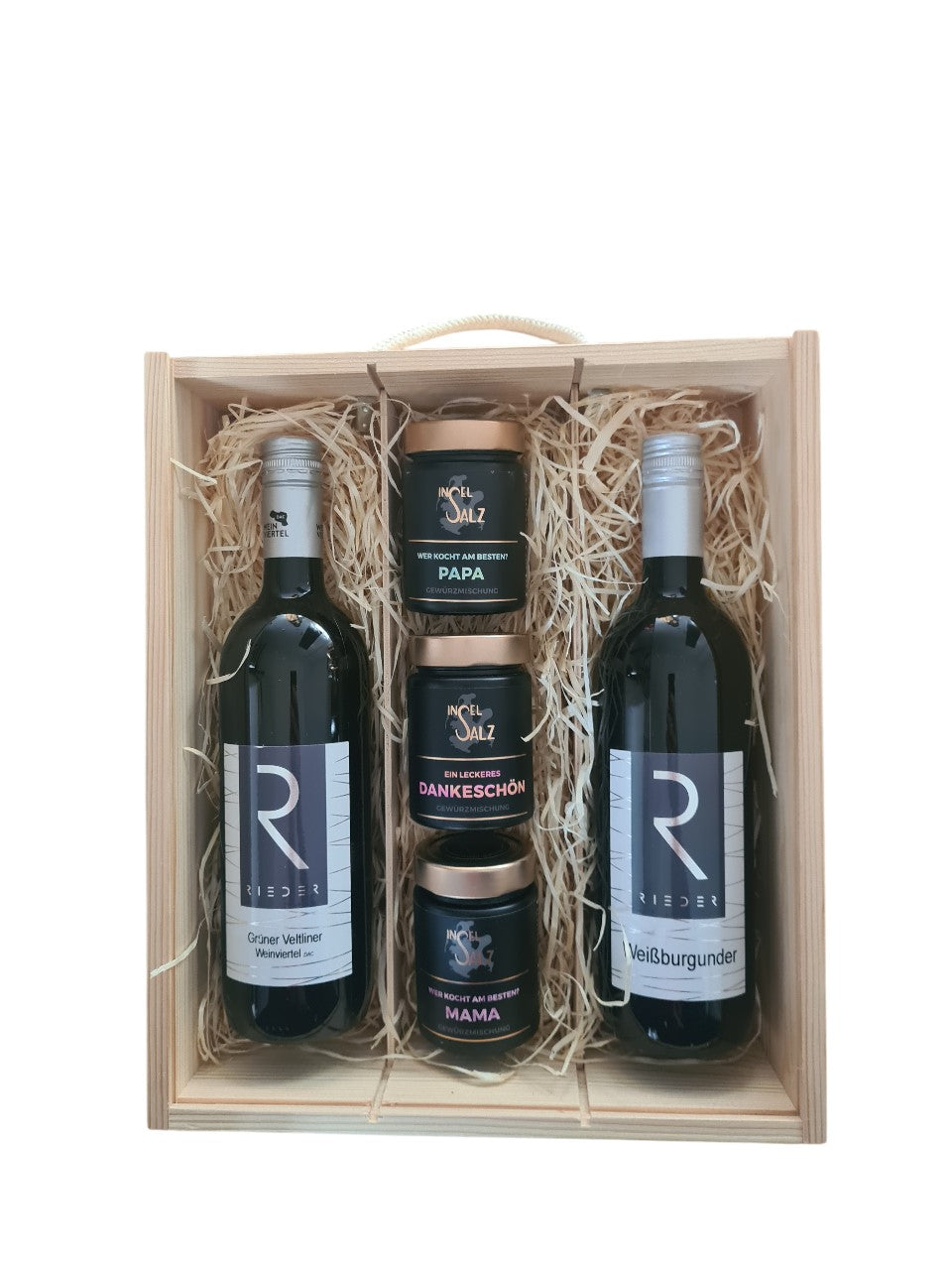Geschenk Holzbox mit 3 Gewürzmischungen Danke, Mama, Papa und 2x Weine