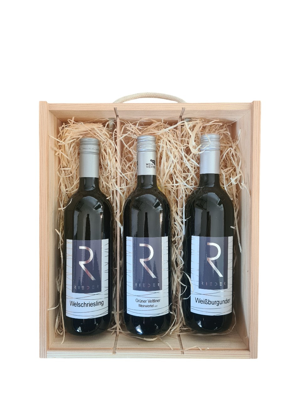 Geschenk Holzbox mit 3x Wein Weißburgunder, Grüner Veltliner Weinviertel und Riesling
