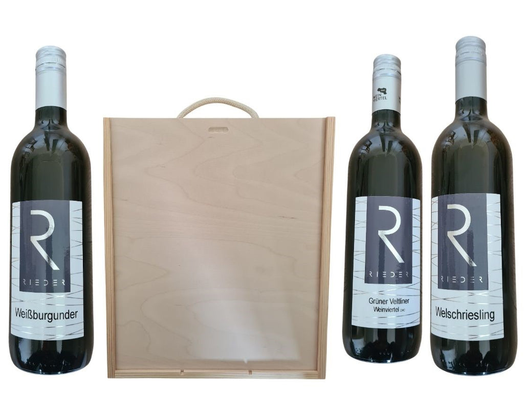 Geschenk Holzbox mit 3x Wein Weißburgunder, Grüner Veltliner Weinviertel und Riesling