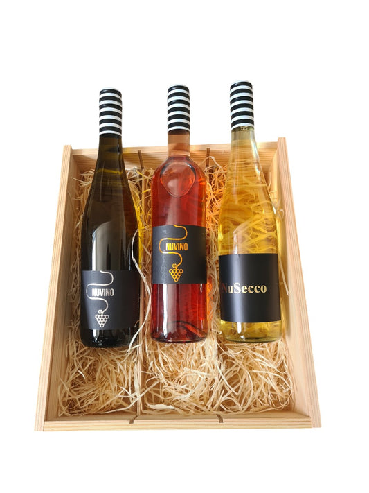 Holzbox mit Tragekordel und 2 x alkoholfreier Wein 1x alkoholfreier Secco