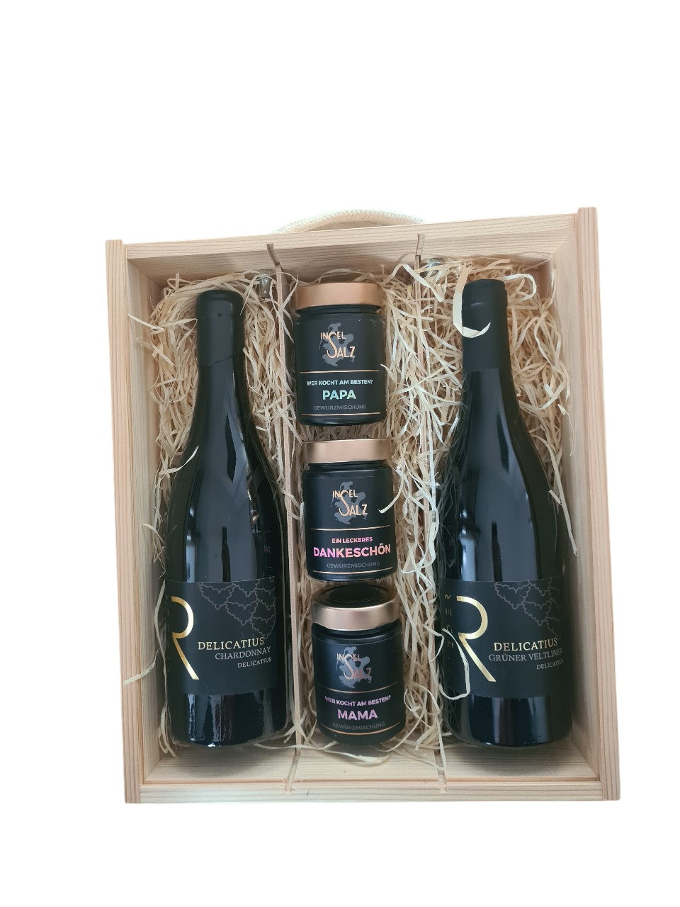 Geschenk Holzbox mit 3 Gewürzmischungen Danke, Mama, Papa und 2x Wein Delicatius
